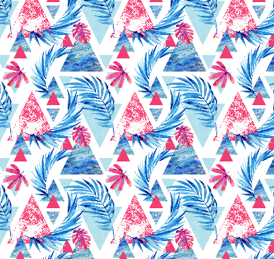 Store intérieur fenêtre avec feuilles bleues et motifs de triangles