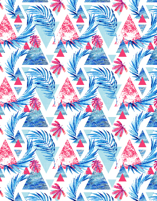 Store intérieur fenêtre avec feuilles bleues et motifs de triangles