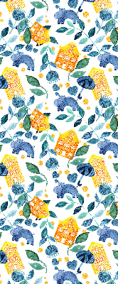 Maisons jaunes avec des plantes bleues