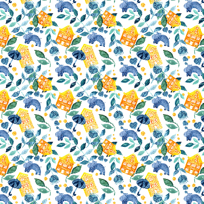 Maisons jaunes avec des plantes bleues