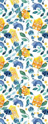 Maisons jaunes avec des plantes bleues