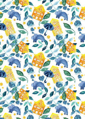 Maisons jaunes avec des plantes bleues
