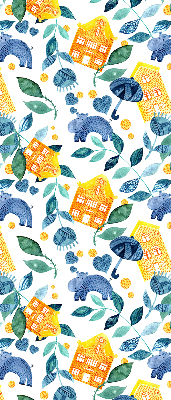 Maisons jaunes avec des plantes bleues