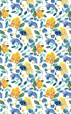 Maisons jaunes avec des plantes bleues