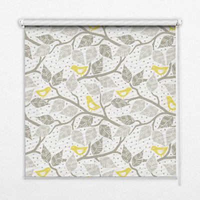 Store intérieur fenêtre avec des oiseaux jaunes sur des branches grises
