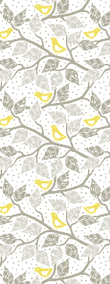 Store intérieur fenêtre avec des oiseaux jaunes sur des branches grises