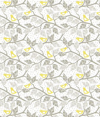 Store intérieur fenêtre avec des oiseaux jaunes sur des branches grises