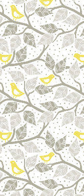 Store intérieur fenêtre avec des oiseaux jaunes sur des branches grises
