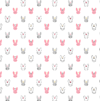Store intérieur avec des lapins colorés coiffés de couronnes