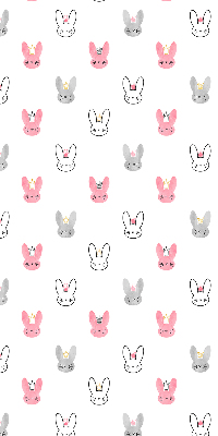 Store intérieur avec des lapins colorés coiffés de couronnes