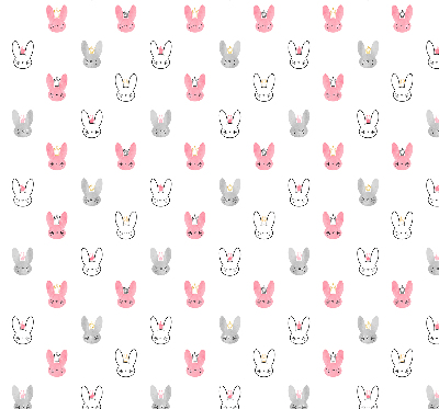 Store intérieur avec des lapins colorés coiffés de couronnes
