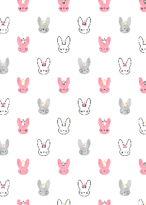 Store intérieur avec des lapins colorés coiffés de couronnes