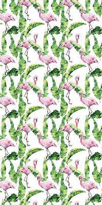 Store intérieur fenêtre avec flamants roses près des feuilles