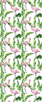 Store intérieur fenêtre avec flamants roses près des feuilles