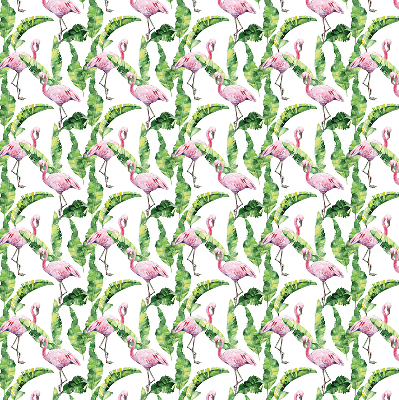 Store intérieur fenêtre avec flamants roses près des feuilles