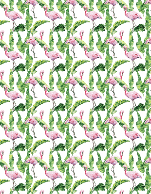 Store intérieur fenêtre avec flamants roses près des feuilles