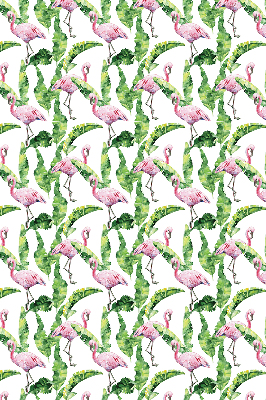 Store intérieur fenêtre avec flamants roses près des feuilles