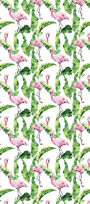 Store intérieur fenêtre avec flamants roses près des feuilles