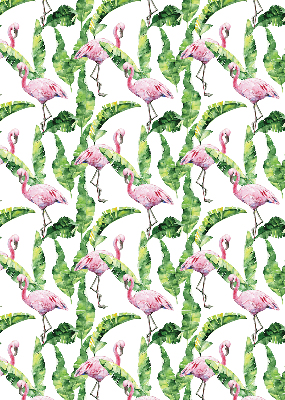 Store intérieur fenêtre avec flamants roses près des feuilles