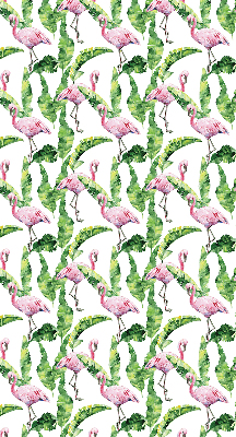 Store intérieur fenêtre avec flamants roses près des feuilles