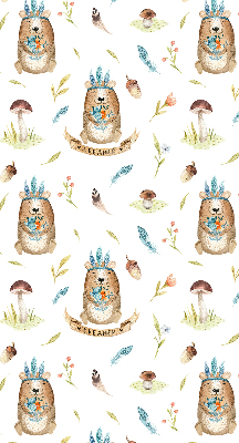 Store intérieur avec ours en peluche et plantes