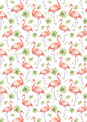 Store intérieur fenêtre avec flamants roses et feuilles
