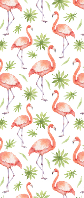 Store intérieur fenêtre avec flamants roses et feuilles