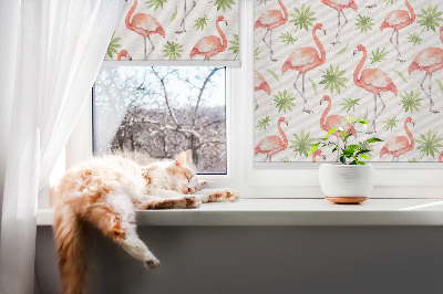 Store intérieur fenêtre avec flamants roses et feuilles