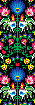 Store intérieur fenêtre avec motifs de coqs colorés
