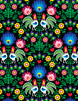 Store intérieur fenêtre avec motifs de coqs colorés