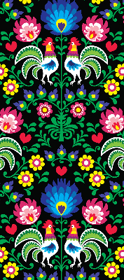 Store intérieur fenêtre avec motifs de coqs colorés