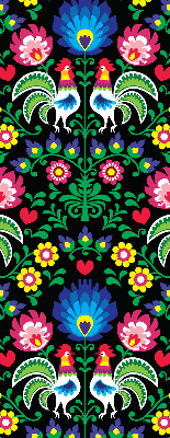 Store intérieur fenêtre avec motifs de coqs colorés