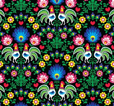 Store intérieur fenêtre avec motifs de coqs colorés
