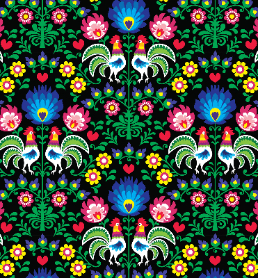 Store intérieur fenêtre avec motifs de coqs colorés