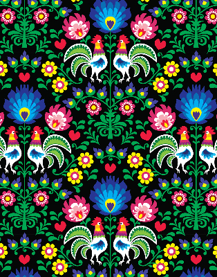 Store intérieur fenêtre avec motifs de coqs colorés