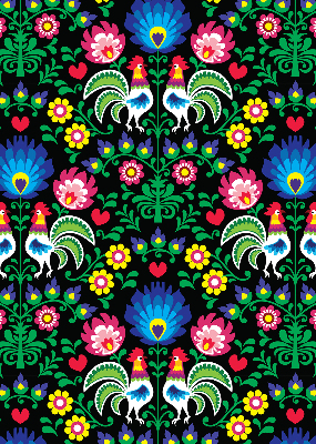 Store intérieur fenêtre avec motifs de coqs colorés