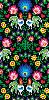 Store intérieur fenêtre avec motifs de coqs colorés