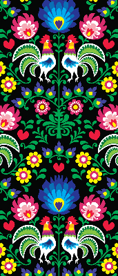 Store intérieur fenêtre avec motifs de coqs colorés