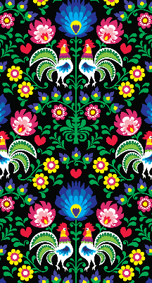 Store intérieur fenêtre avec motifs de coqs colorés