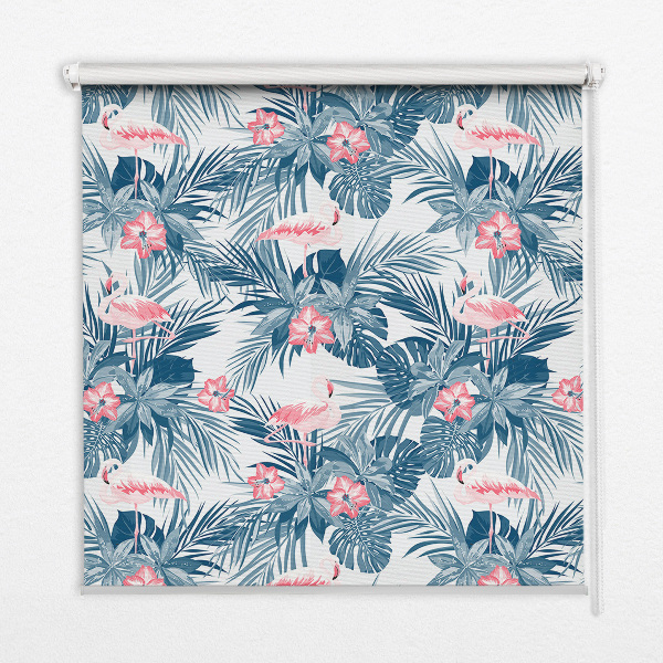 Store intérieur fenêtre avec plantes tropicales et flamants roses