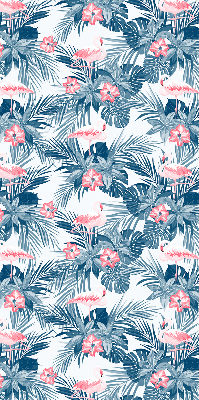 Store intérieur fenêtre avec plantes tropicales et flamants roses