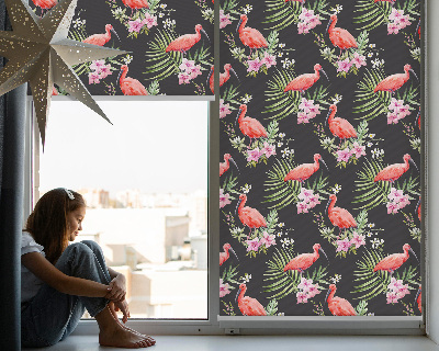 Store intérieur fenêtre avec flamants roses sur les plantes