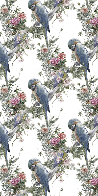 Store intérieur fenêtre avec perroquets sur des fleurs