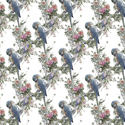 Store intérieur fenêtre avec perroquets sur des fleurs