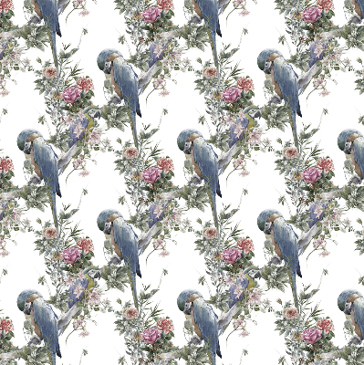 Store intérieur fenêtre avec perroquets sur des fleurs