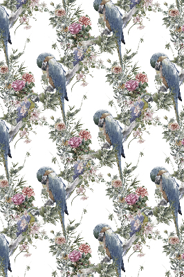 Store intérieur fenêtre avec perroquets sur des fleurs