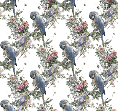 Store intérieur fenêtre avec perroquets sur des fleurs