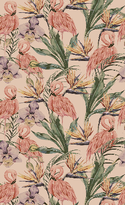 Store intérieur avec flamants roses et fleurs