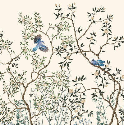 Store intérieur fenêtre avec motif d'oiseaux sur un arbre