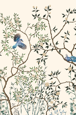 Store intérieur fenêtre avec motif d'oiseaux sur un arbre